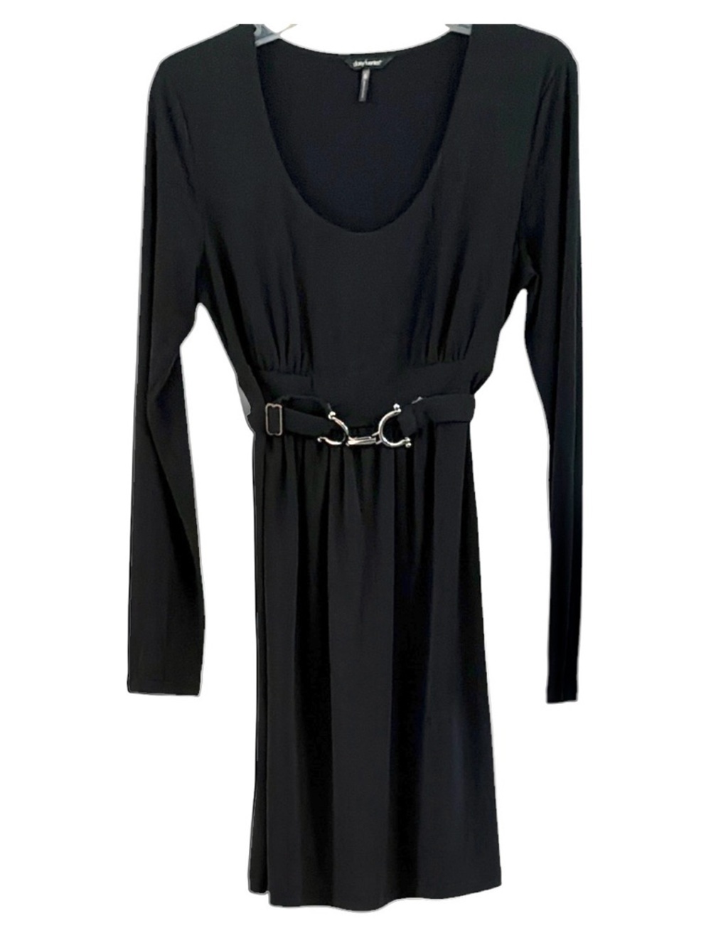 Daisy Fuentes Black Long-Sleeve Belted Silver Buckle Scoop Neck Mini Dress S